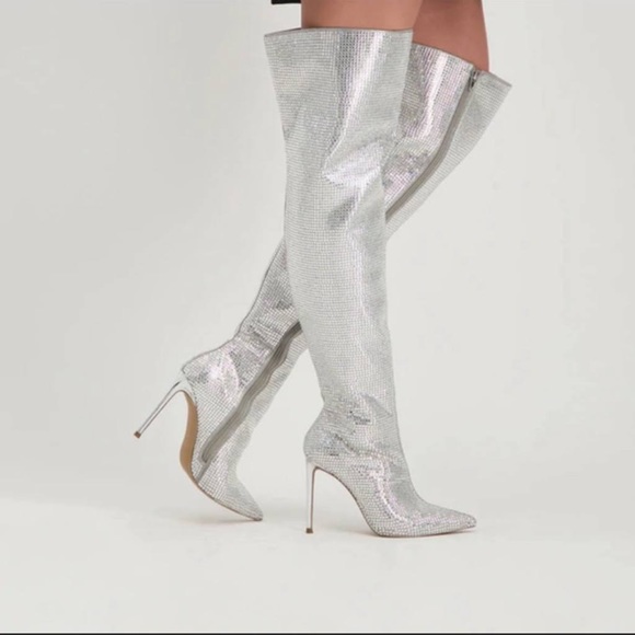 STEVE MADDEN Skyscraper Rhinestone Bling Silver Over The Knee Heels Boots Sz 6.5 - Picture 3 of 16